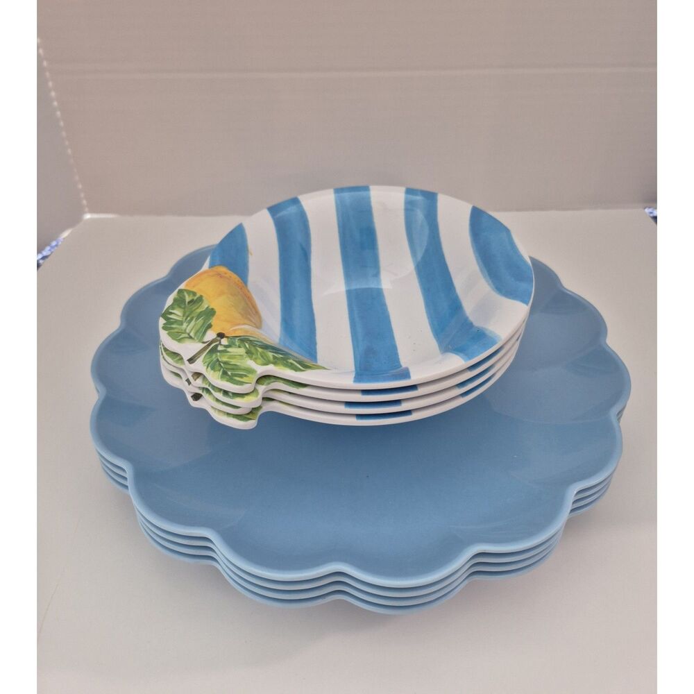 Lemon Melamine Set of Dishes-4 place BluePlates-4 Striped Lemon Bowls